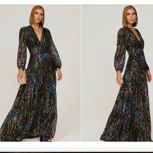 Shoshanna Dress Madeline Gown Maxi Long-Sleeve Black Metallic Size 8 *READ FLAW*